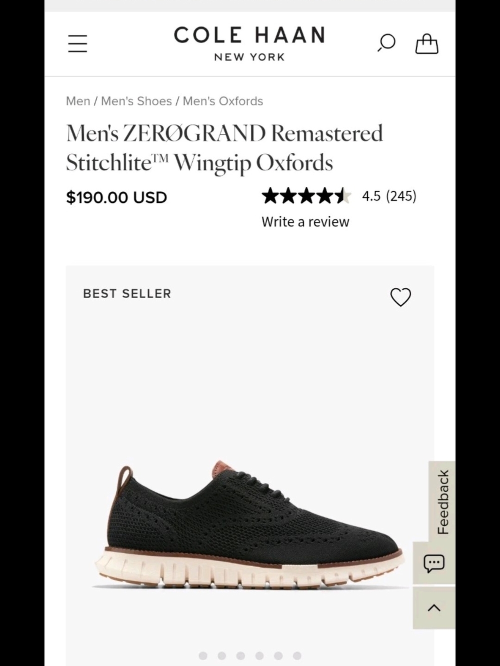 Cole Haan Zerogrand Black Knit Wingtip Oxfords with Cream Sole